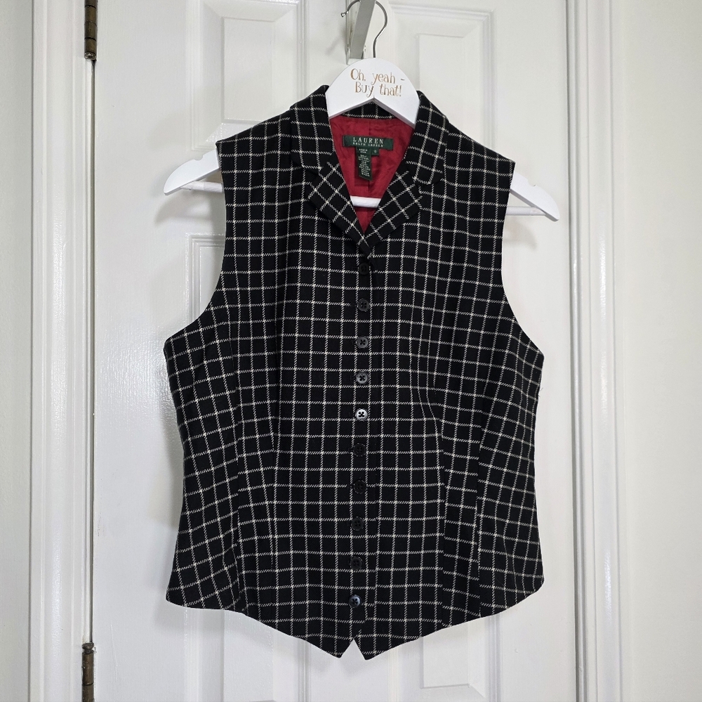 PRISTINE Lauren Ralph Lauren Black White Wool Button Front Vest Sz 10 Windowpane - Picture 1 of 6